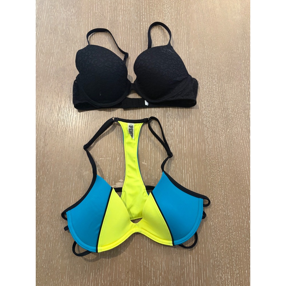 Victoria's Secret PINK 34B Push Up Bra Lot of 2 Black Lace‎ Neon Blue Yellow